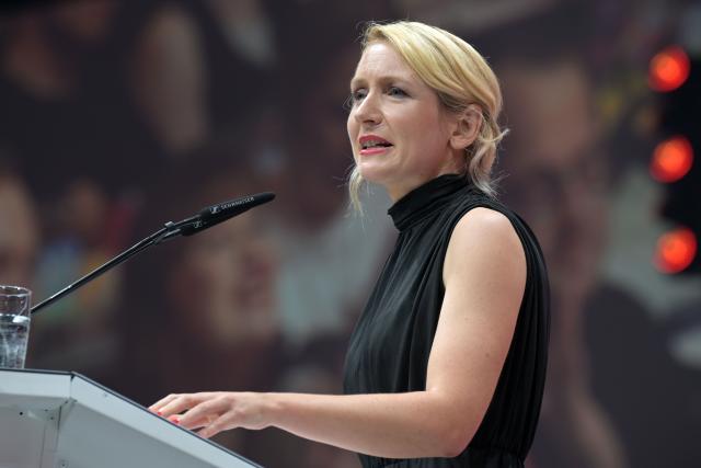 20 June 2026, Brandenburg, Potsdam: Chairwoman of the Left Party Ines Schwerdtner speaks during the party's national convention at the Metropolis Halle in Potsdam. Photo: Michael Bahlo/dpa