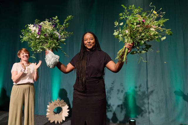 20 June 2026, Schleswig-Holstein, Neumuenster: Deputy Minister President of Schleswig-Holstein Aminata Toure (R) and State Chair Lydia Rudow stand on stage during the Alliance 90/The Greens' state party convention in Schleswig-Holstein. Photo: Georg Wendt/dpa