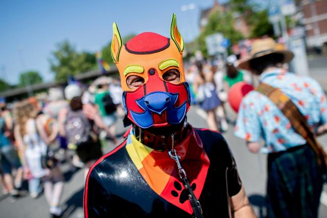 20 June 2026, Lower Saxony, Oldenburg: People march through downtown carrying flags and umbrellas during the Christopher Street Day (CSD) parade. Christopher Street Day is a demonstration and celebration of the LGBTQ+ rights. Photo: Hauke-Christian Dittrich/dpa