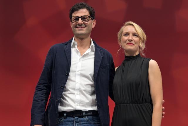 20 June 2026, Brandenburg, Potsdam: Luigi Pantisano (L), and Ines Schwerdtner, are pictured after they were elected as the Left Party's new co-leaders, during 10th Federal Party Convention at the Metropolis Halle. Photo: Michael Bahlo/dpa