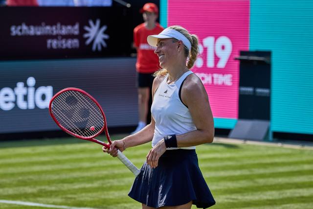 20 June 2026, Hesse, Bad Homburg: Retired German tennis player Angelique Kerber reacts after winning her farewell match against Serbia's Ana Ivanovic during the Bad Homburg Open tennis tournament. Photo: Mathias Schulz/dpa