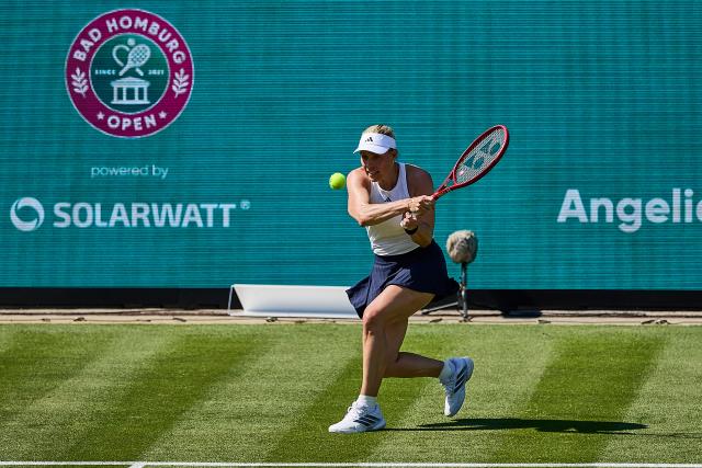 20 June 2026, Hesse, Bad Homburg: Retired German tennis player Angelique Kerber in action during her farewell match against Serbia's Ana Ivanovic during the Bad Homburg Open tennis tournament. Photo: Mathias Schulz/dpa