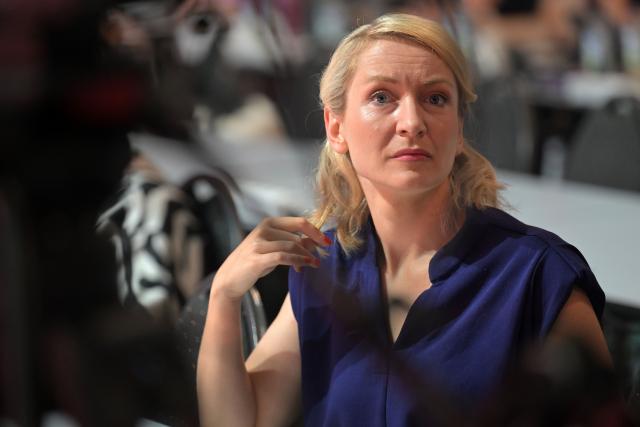21 June 2026, Brandenburg, Potsdam: Ines Schwerdtner, co-chair of The Left, is photographed at the party's national convention at the Metropolis Halle. The three-day convention focuses on electing the party's executive committee and debating current political issues. Photo: Michael Bahlo/dpa