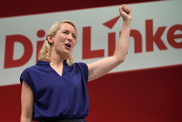 21 June 2026, Brandenburg, Potsdam: Ines Schwerdtner, co-chair of The Left, delivers her opening address during the party's national convention at the Metropolis Halle in Potsdam. The three-day convention focuses on electing the party's executive committee and debating current political issues. Photo: Michael Bahlo/dpa