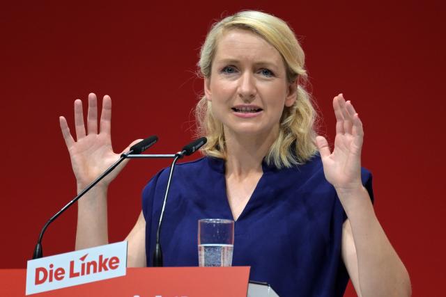21 June 2026, Brandenburg, Potsdam: Ines Schwerdtner, co-chair of The Left, delivers her opening address during the party's national convention at the Metropolis Halle in Potsdam. The three-day convention focuses on electing the party's executive committee and debating current political issues. Photo: Michael Bahlo/dpa