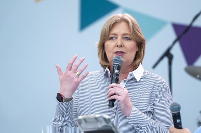 21 June 2026, Berlin: Bärbel Bas, Germany's Minister of Labor and Social Affairs, speaks on stage in front of the Federal Ministry of Labour and Social Affairs during the German federal government's open house in Berlin. Photo: Christophe Gateau/dpa