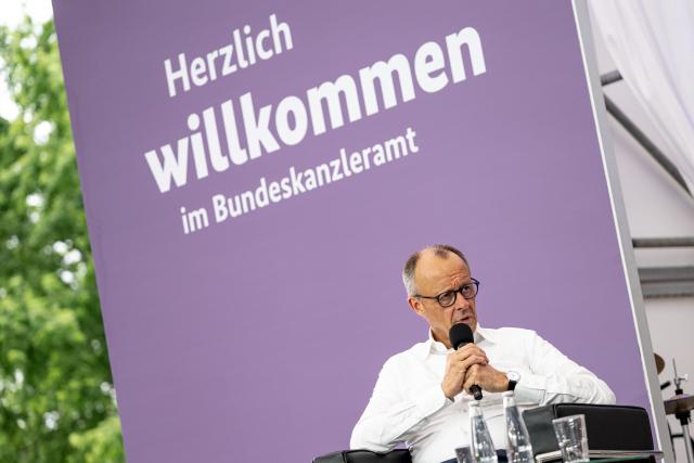 21 June 2026, Berlin: German Chancellor Friedrich Merz speaks during the German Government's Open House at the German Chancellery. Photo: Fabian Sommer/dpa