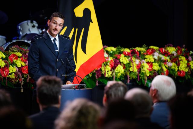 22 June 2026, Berlin: German cross-country skier and biathlete Marco Maier speaks during a ceremony honoring medalists from the Winter Olympic and Paralympic Games with the Silver Laurel Leaf, Germany's highest sporting award. Photo: Bernd von Jutrczenka/dpa