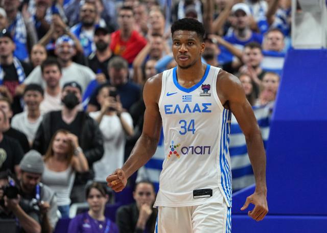 FILED - 11 September 2022, Berlin: FILE PHOTO - Greece's Giannis Antetokounmpo reacts during the UEFA European Championship round of 16 match between Greece and Czech Republic at Mercedes-Benz Arena. Photo: Soeren Stache/dpa