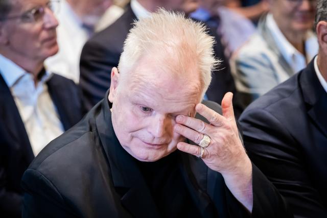 23 June 2026, Berlin: German singer and musician Herbert Groenemeyer is visibly moved by actor Matthias Brandt's laudatory speech at the 2026 German National Prize award ceremony held at the Franzoesische Friedrichstadtkirche. With this award, the German National Foundation honors individuals who have contributed to the reunification of Germany and to fostering relations between Germany and its European neighbors. Photo: Christoph Soeder/dpa