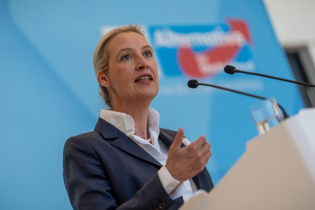 23 June 2026, Berlin: Alice Weidel, federal chairwoman and parliamentary group leader of the Alternative for Germany (AfD), delivers a press statement before the start of the AfD parliamentary group meeting at the German Parliament (Bundestag). Photo: Michael Kappeler/dpa