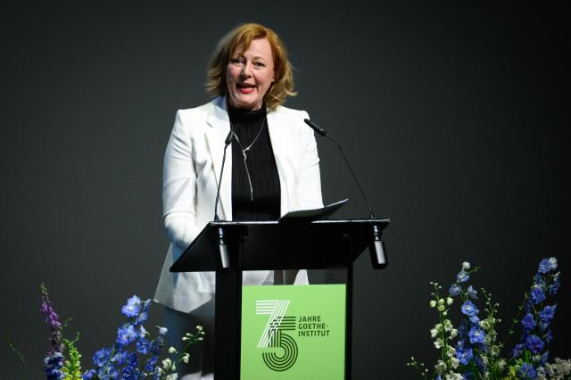 23 June 2026, Berlin: Gesche Joost, President of the Goethe-Institut, speaks during the Institute's 75th anniversary ceremony, held under the theme "We in the World," at the Haus der Berliner Festspiele. The Goethe-Institut is Germany's cultural institute, and has 154 branches in 100 countries, it promotes knowledge of the German language, fosters international cultural cooperation, and conveys a contemporary image of Germany. Photo: Bernd von Jutrczenka/dpa
