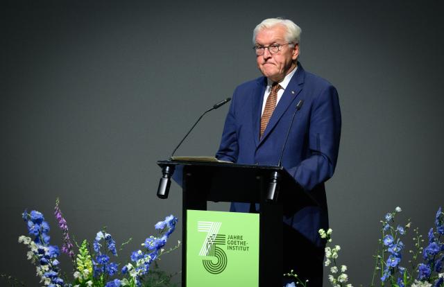 23 June 2026, Berlin: German President Frank-Walter Steinmeier speaks during the Goethe-Institut's 75th anniversary ceremony, held under the theme "We in the World," at the Haus der Berliner Festspiele. The Goethe-Institut is Germany's cultural institute, and has 154 branches in 100 countries, it promotes knowledge of the German language, fosters international cultural cooperation, and conveys a contemporary image of Germany. Photo: Bernd von Jutrczenka/dpa