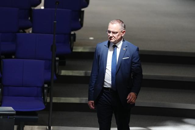24 June 2026, Berlin: Tino Chrupalla, Co-chairman of the Alternative for Germany parliamentary group, arrives for the German Bundestag plenary session during the government's question period. Photo: Kay Nietfeld/dpa