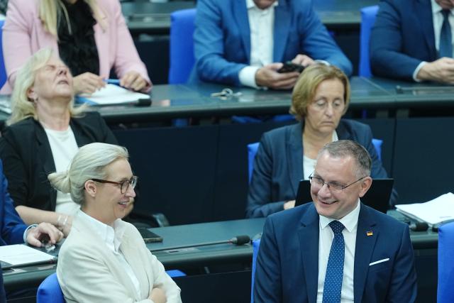 24 June 2026, Berlin: Alice Weidel (L-R), AfD parliamentary group leader and federal chairwoman, and Tino Chrupalla, AfD federal chairman and parliamentary group leader, are attending the Bundestag session featuring the questioning of the government. Photo: Kay Nietfeld/dpa