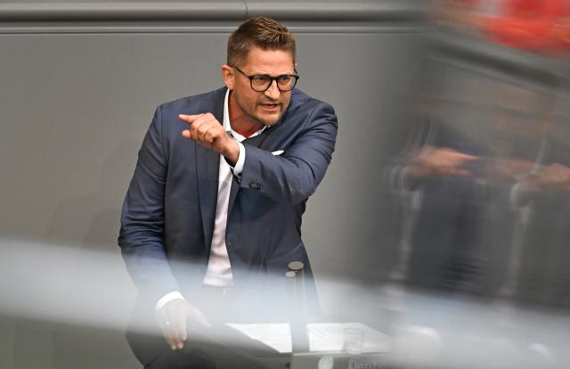 25 June 2026, Berlin: Rene Springer speaks in the plenary chamber of the Bundestag on the topic "Immigration into the social welfare system and abuse of social benefits." Photo: Elisa Schu/dpa