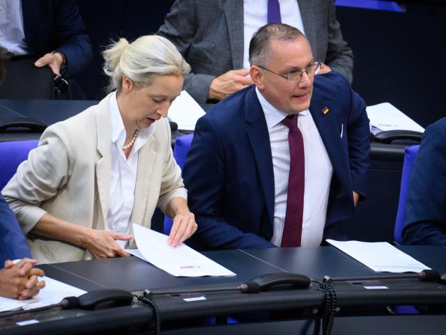 26 June 2026, Berlin: Alternative for Germany (AfD) parliamentary group co-chairs Alice Weidel (L) and Tino Chrupalla (R) attend the 87th plenary session of the 21st legislative period at the German Bundestag. Photo: Bernd von Jutrczenka/dpa