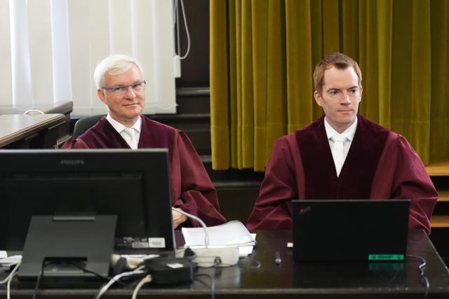 26 June 2026, Hamburg: Stephan Morweiser (L), Federal Prosecutor General at the German Court of Justice, and Prosecutor Schaeffer are seated in the courtroom at the start of the trial of a man who is alleged to have spied on Jews and supporters of Israel on behalf of Iran. 
According to the indictment, those targeted included the president of the Central Council of Jews in Germany, Josef Schuster, and the president of the German-Israeli Society, Volker Beck. Photo: Marcus Brandt/dpa
