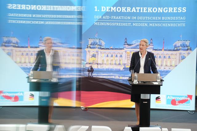 26 June 2026, Berlin: Alternative for Germany (AfD) co-leader Alice Weidel, opens the AfD parliamentary group's 1st Democracy Congress at the Paul-Loebe-Haus in Berlin. The two-day event brings together members and guests for discussions on political and democratic issues. Photo: Kay Nietfeld/dpa