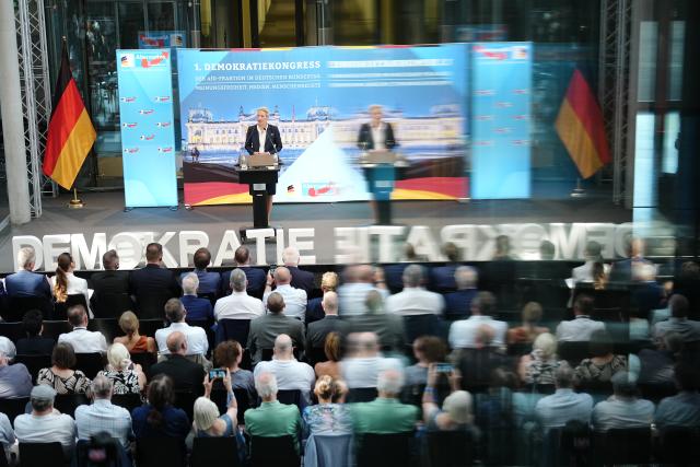 26 June 2026, Berlin: Alternative for Germany (AfD) co-leader Alice Weidel, opens the AfD parliamentary group's 1st Democracy Congress at the Paul-Loebe-Haus in Berlin. The two-day event brings together members and guests for discussions on political and democratic issues. Photo: Kay Nietfeld/dpa