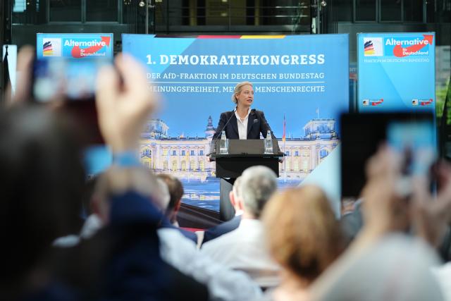 26 June 2026, Berlin: Alternative for Germany (AfD) co-leader Alice Weidel, opens the AfD parliamentary group's 1st Democracy Congress at the Paul-Loebe-Haus in Berlin. The two-day event brings together members and guests for discussions on political and democratic issues. Photo: Kay Nietfeld/dpa