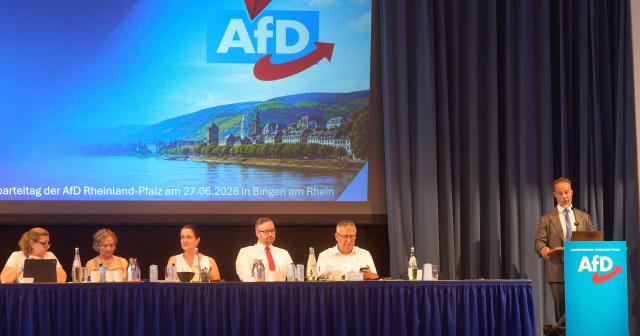 27 June 2026, Rhineland-Palatinate, Bingen: Jan Bollinger (R), the outgoing state chairman, speaks at the AfD Rhineland-Palatinate party convention. Photo: Thomas Frey/dpa