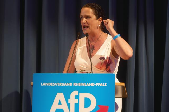 27 June 2026, Rhineland-Palatinate, Bingen: Alternative for Germany (AfD) politician Nicole Hoechst speaks at the podium during the party's regional convention in Bingen, Rhineland-Palatinate. The state party convention includes key leadership votes following the stepping down of regional chairman Jan Bollinger. Photo: Thomas Frey/dpa