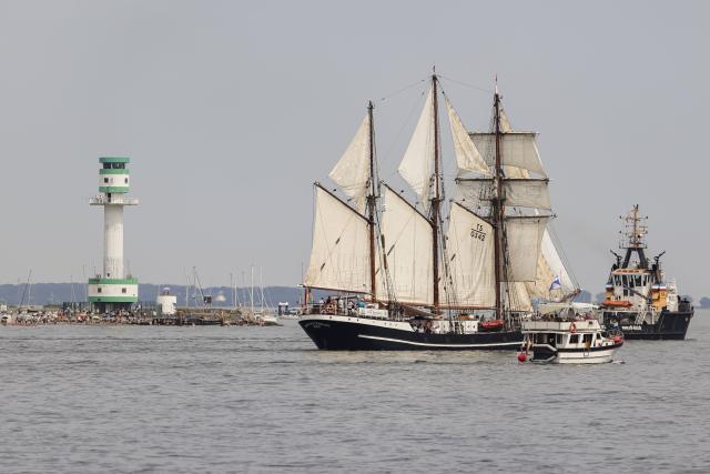 27 June 2026, Schleswig-Holstein, Kiel: The historic German ship "Thor Heyerdahl" sails on the fjord during the Windjammer Parade at Kiel Week. Photo: Frank Molter/dpa