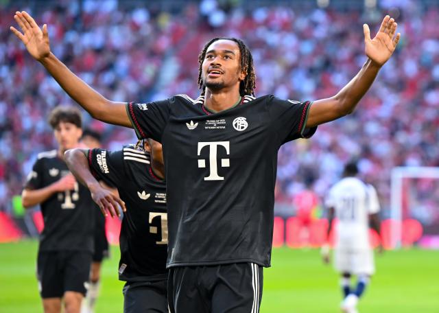 FILED - 07 August 2025, Bavaria, Munich: Bayern Munich's Jonah Kusi-Asare celebrates scoring his side's fourth goal during the Pre Season Friendly soccer match between FC Bayern Munich and Tottenham Hotspur at the Allianz Arena. Photo: Sven Hoppe/dpa