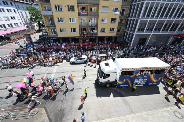 27 June 2026, Bavaria, Munich: Participants take part in the PolitParade at CSD Munich 2026. This year, CSD Munich will take place from June 26 to 28, 2026, as part of Pride Weeks, under the theme "Our Diversity. Our Strength." Photo: Felix Hörhager/dpa