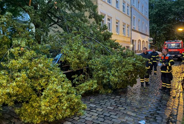 28 June 2026, Hamburg: After a thunderstorm, emergency responders stand next to a car covered in broken branches in the St. Pauli district of Hamburg. Photo: Bodo Marks/dpa