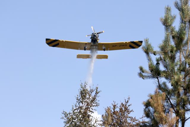 28 June 2026, Saxony-Anhalt, Blankenburg: The Hexe 1 firefighting aircraft is being deployed to a forest fire in the Harz Mountains. Since yesterday, approximately four hectares of pine forest between Wienrode and Treseburg have been ablaze. Emergency responders from a special unit in Lower Saxony are assisting the fire department. Photo: Matthias Bein/dpa