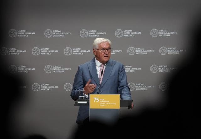 28 June 2026, Bavaria, Lindau (Bodensee): German President Frank-Walter Steinmeier speaks during the opening of the 75th Nobel Laureates Conference at the Inselhalle. Photo: Karl-Josef Hildenbrand/dpa