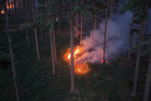28 June 2026, Rhineland-Palatinate, Traisen: Flames are blazing in the forest on the Schanzenkopf in a nature reserve in the Bad Kreuznach district. The forest fire, which continues to spread in this area contaminated with unexploded ordnance, has led to the evacuation of the entire municipality of Traisen. Photo: Kevin Schößler/dpa