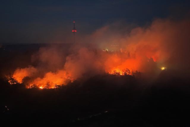 28 June 2026, Rhineland-Palatinate, Traisen: Flames are blazing in the forest on the Schanzenkopf in a nature reserve in the Bad Kreuznach district. The forest fire, which continues to spread in this area contaminated with unexploded ordnance, has led to the evacuation of the entire municipality of Traisen. Photo: Kevin Schößler/dpa