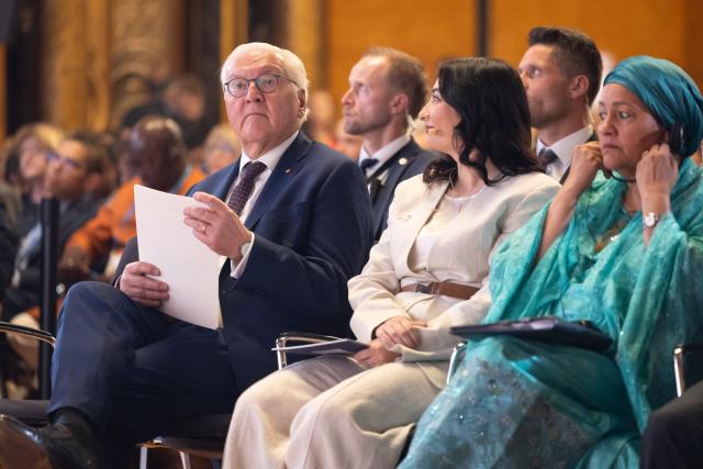 29 June 2026, Hamburg: Federal President Frank-Walter Steinmeier (L-R), Reem Alabali Radovan, Federal Minister for Economic Cooperation and Development, and Amina J. Mohammed, Deputy Secretary-General,
United Nations, are seated at the Hamburg Sustainability Conference, which was initiated by the Federal Ministry for Economic Cooperation and Development, the United Nations Development Programme (UNDP), the Free and Hanseatic City of Hamburg, and the Michael Otto Foundation. Photo: Ulrich Perrey/dpa