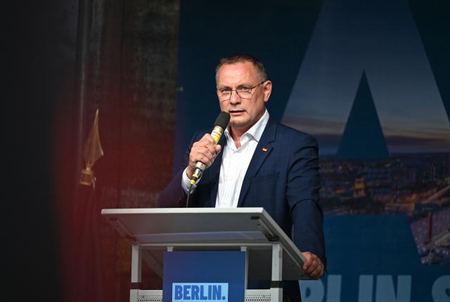 29 June 2026, Berlin: Tino Chrupalla, chairman and parliamentary group leader of the Alternative for Germany (AfD) speaks during an AfD Berlin rally taking place in front of the Rotes Rathaus under the slogan "Berlin.Stark.Machen." (Make Berlin Strong) Photo: Elisa Schu/dpa