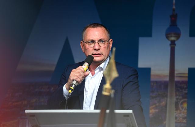 29 June 2026, Berlin: Tino Chrupalla, chairman and parliamentary group leader of the Alternative for Germany (AfD) speaks during an AfD Berlin rally taking place in front of the Rotes Rathaus under the slogan "Berlin.Stark.Machen." (Make Berlin Strong) Photo: Elisa Schu/dpa