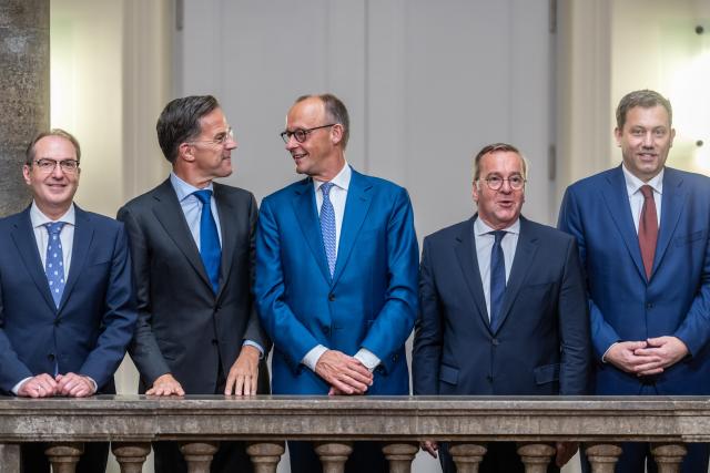 01 July 2026, Berlin: German Vice Chancellor and Minister of Finance Lars Klingbeil, German Minister of Defence Boris Pistorius,  German Chancellor Friedrich Merz, NATO Secretary Mark Rutte, and German Minister if the Interior Alexander Dobrindt, pose for a photo ahead of the German Cabinet meeting at the Ministry of Defense. Photo: Michael Kappeler/dpa