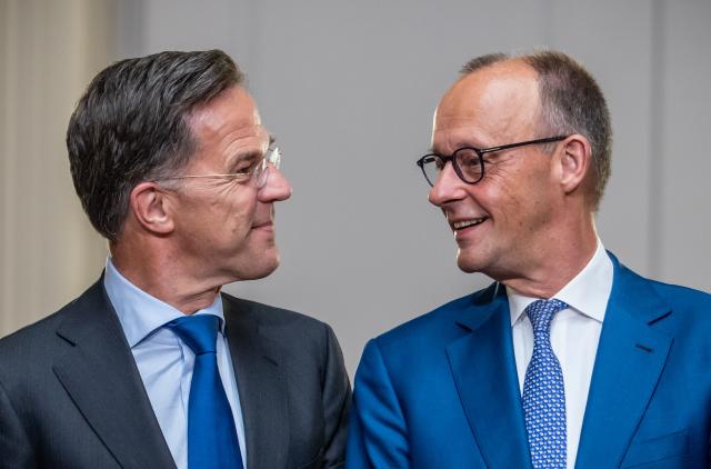 01 July 2026, Berlin: German Chancellor Friedrich Merz and NATO Secretary Mark Rutte react ahead of the German Cabinet meeting at the Ministry of Defense. Photo: Michael Kappeler/dpa