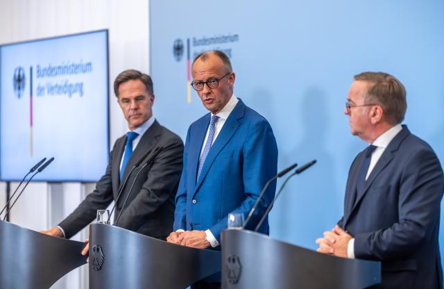 01 July 2026, Berlin: German Chancellor Friedrich Merz, German Minister of Defence Boris Pistorius and NATO Secretary Rutte hold a joint press conference after the German Cabinet meeting at the Ministry of Defense. Photo: Michael Kappeler/dpa