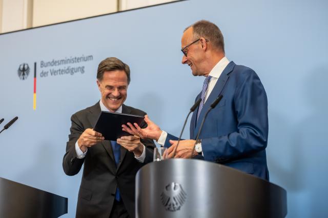 01 July 2026, Berlin: German Chancellor Friedrich Merz and NATO Secretary Mark Rutte hold a joint press conference after the German Cabinet meeting at the Ministry of Defense. Photo: Michael Kappeler/dpa