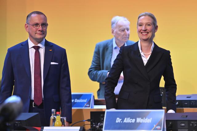 04 July 2026, Thuringia, Erfurt: Alice Weidel, federal chairwoman and parliamentary group leader of the Alternative for Germany (AfD), and Tino Chrupalla, chairman of the AfD's Bundestag parliamentary group, attend the AfD's federal party convention. The party's leadership is set to be re-elected at the convention. The AfD's national party convention will take place on July 4 and 5 at the Erfurt Exhibition Center. Photo: Martin Schutt/dpa