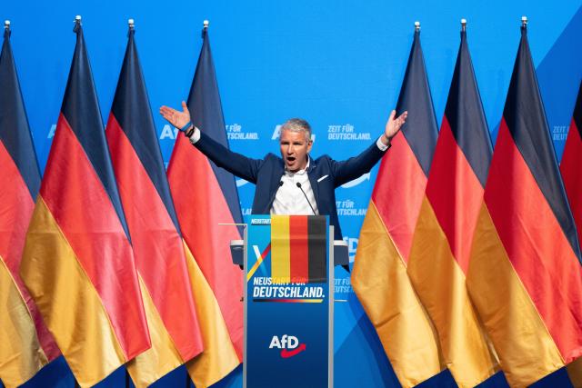 04 July 2026, Thuringia, Erfurt: Bjoern Hoecke, chairman of the Alternative for Germany (AfD) in Thuringia, speaks during the AfD's federal party convention. The party's leadership is set to be re-elected at the convention. The AfD's national party convention will take place on July 4 and 5 at the Erfurt Exhibition Center. Photo: Sebastian Kahnert/dpa