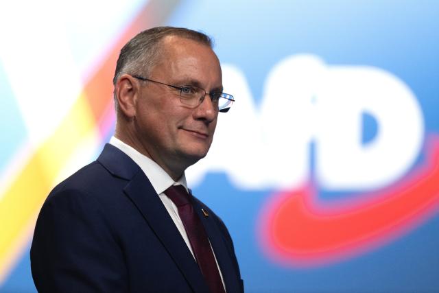 04 July 2026, Thuringia, Erfurt: Chairman of the Alternative for Germany (AfD) parliamentary group in the Bundestag Tino Chrupalla attends the AfD's federal party convention. Photo: Sebastian Kahnert/dpa