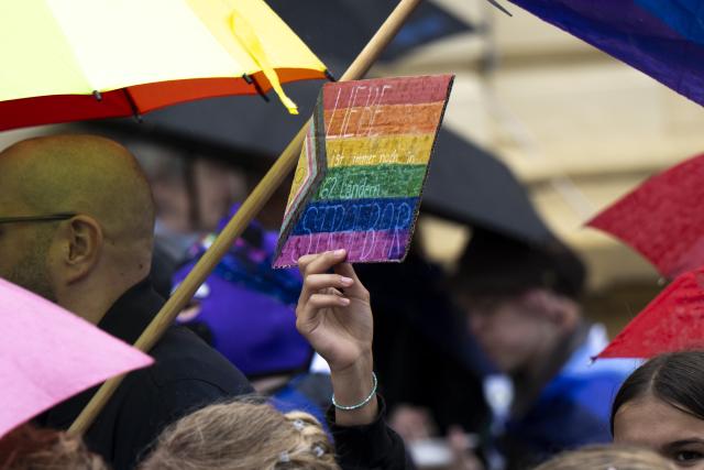 04 July 2026, Mecklenburg-Western Pomerania, Schwerin: A person holds a sign reading "Love is still a crime in 62 countries" at the 20th Christopher Street Day in Schwerin. Photo: Philip Dulian/dpa