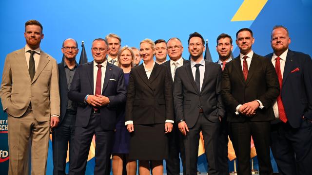 04 July 2026, Thuringia, Erfurt: Alice Weidel, federal chairwoman and parliamentary group leader of the Alternative for Germany (AfD) and hairman of the AfD's Bundestag parliamentary group Tino Chrupalla stand alongside AfD parliamentary group leader in the Bavarian State Parliament Katrin Ebner-Steiner and Dennis Hohloch at the end of the AfD's federal party convention. Photo: Katharina Kausche/dpa