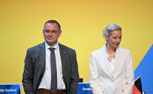 05 July 2026, Thuringia, Erfurt: Tino Chrupalla, co-chairman of the Alternative for Germany party and co-leader of its parliamentary group in the German Bundestag, and Alice Weidel, co-chairwoman of the Alternative for Germany party and co-leader of its parliamentary group in the German Bundestag, attend the second day of the Alternative for Germany national party convention. The convention takes place on 4 and 5 July at the Erfurt Exhibition Centre. Photo: Katharina Kausche/dpa