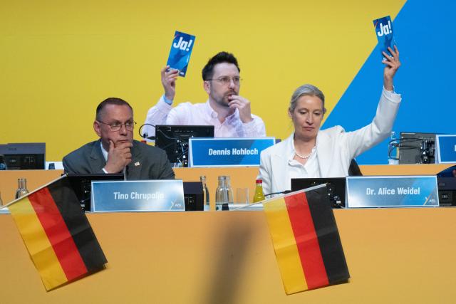 05 July 2026, Thuringia, Erfurt: (L-R) Tino Chrupalla, co-chairman of the Alternative for Germany party and co-leader of its parliamentary group in the German Bundestag, Dennis Hohloch of the Alternative for Germany party, and Alice Weidel, co-chairwoman of the Alternative for Germany party and co-leader of its parliamentary group in the Bundestag, take part in a vote during the Alternative for Germany national party convention at the Erfurt Exhibition Centre. The convention takes place on 4 and 5 July at the Erfurt Exhibition Centre. Photo: Sebastian Kahnert/dpa