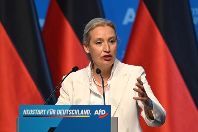 05 July 2026, Thuringia, Erfurt: Alice Weidel, co-chairwoman of the Alternative for Germany party and co-leader of its parliamentary group in the Bundestag, speaks during the Alternative for Germany national party convention. The convention takes place on 4 and 5 July at the Erfurt Exhibition Centre. Photo: Katharina Kausche/dpa